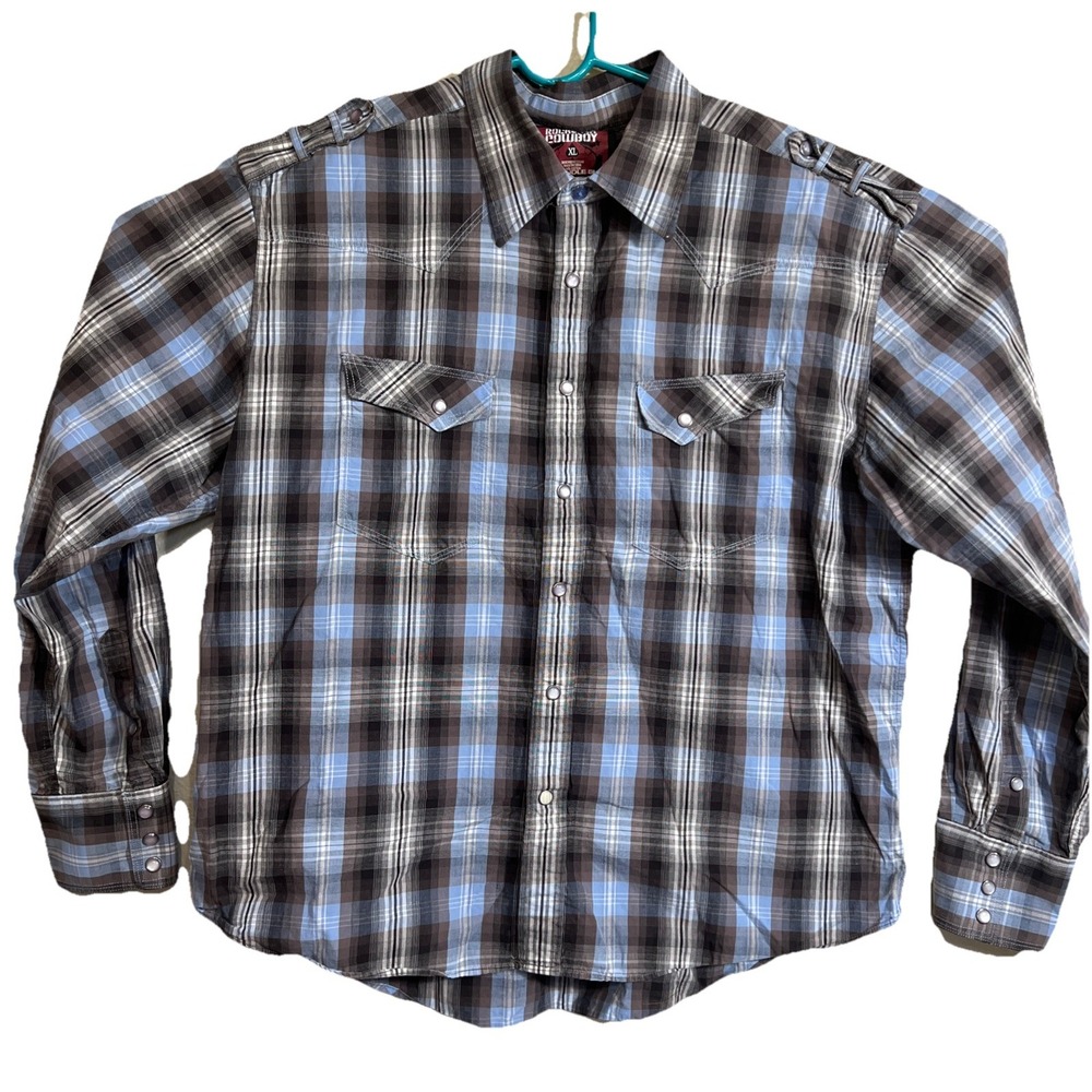 Rock & Roll Cowboy Shirt Mens XL Blue Brown Plaid Western Pearl Snap Embroidered